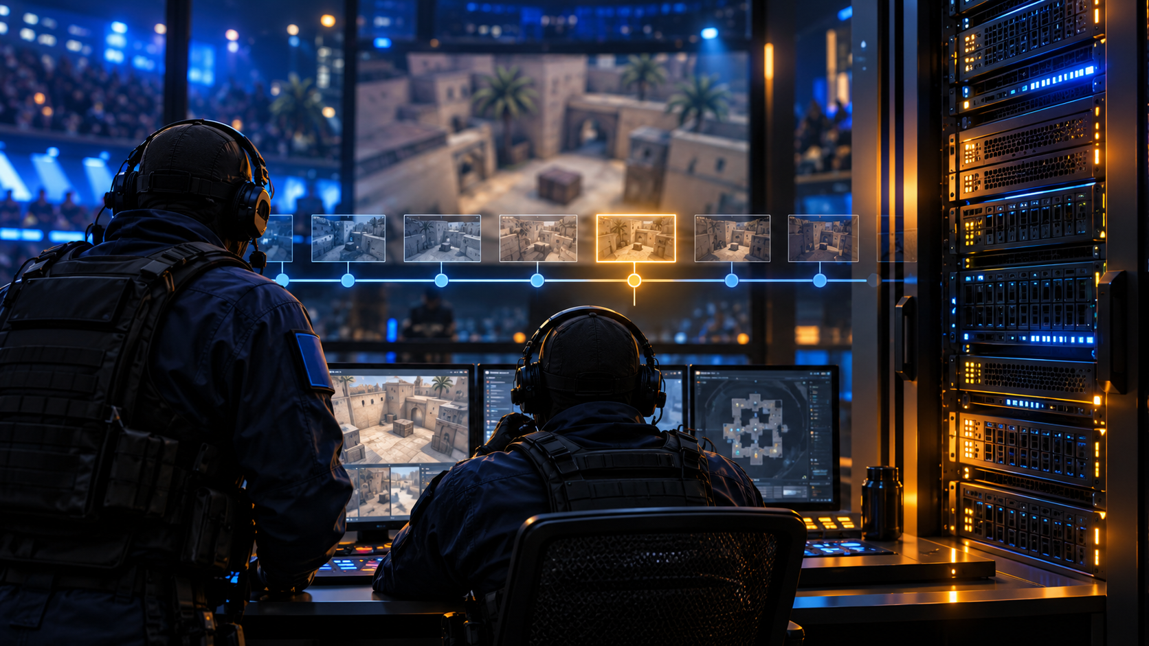 Иллюстрация: панель игрового сервера CS2 и временная шкала раундов на фоне серверной стойки