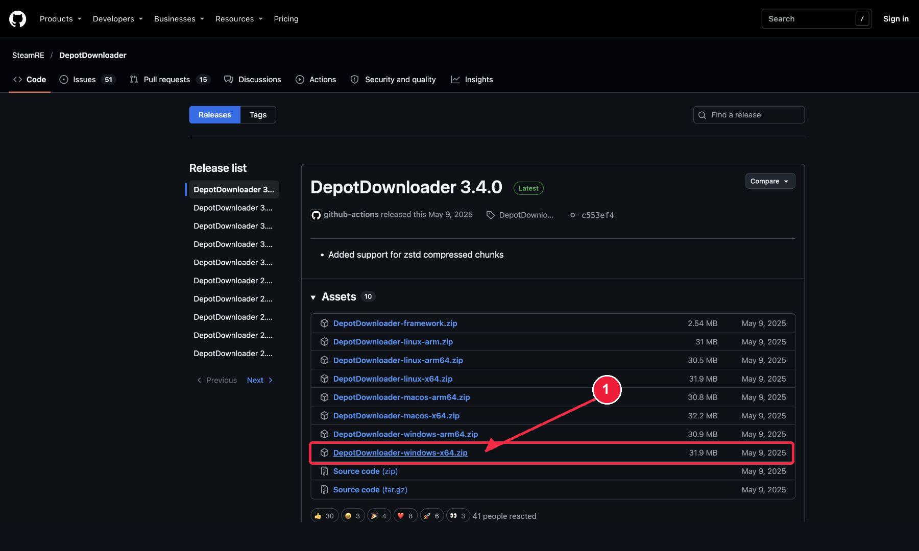 Страница релизов DepotDownloader на GitHub; выделена загрузка для Windows x64